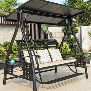 outdoor 3 seater solar swing chair | bali style waterproof rattan with built in led lights